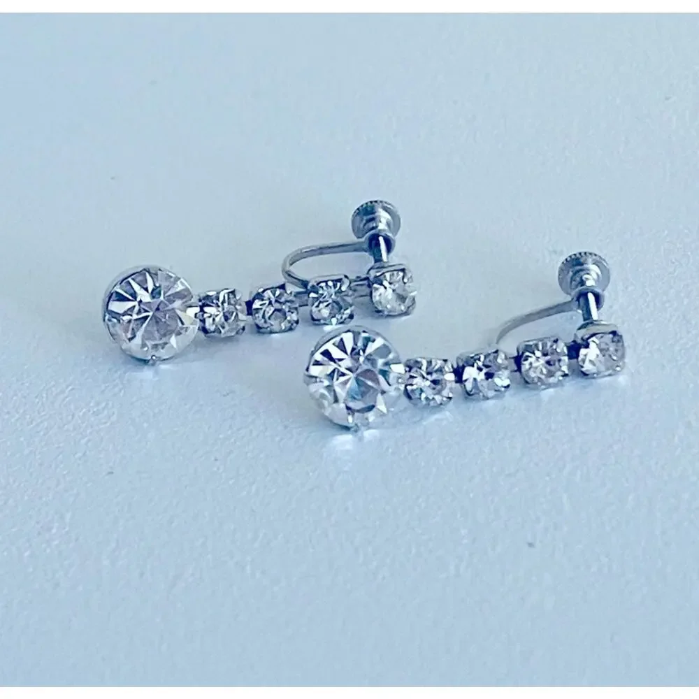 Vtg Clear Rhinestone Mid-Century EARRINGS Screw-back Formal Bridal MCM